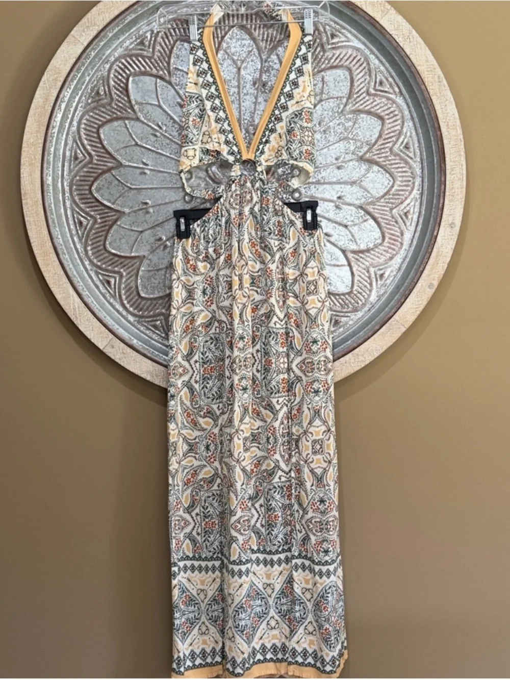 ILLA ILLA Yellow, Cream and Blue Paisley Boho Boutique Halter Tie Maxi Dress - Picture 3 of 8